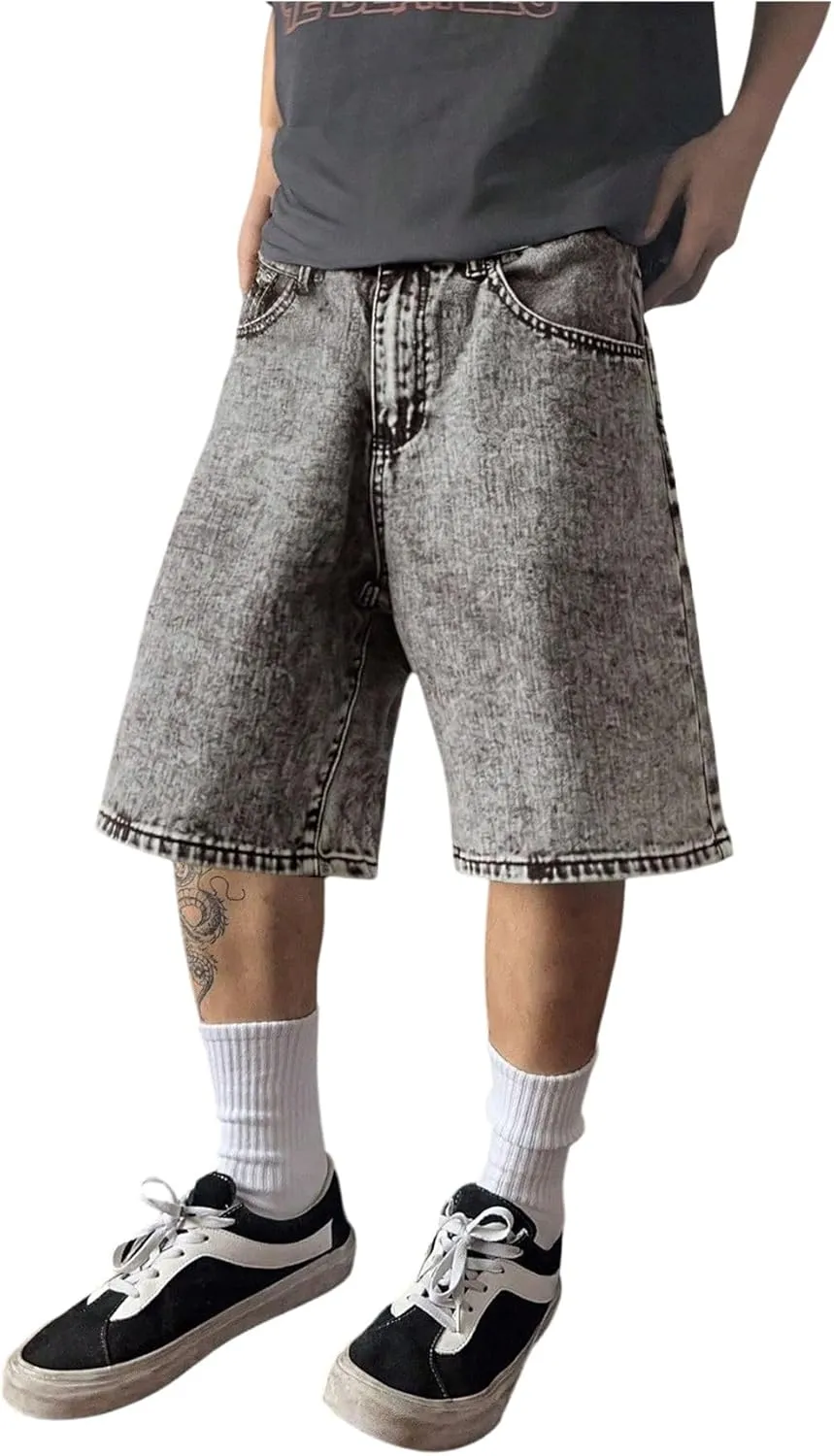 SweatyRocks Men's Straight Leg Denim Shorts Street Loose Bermuda Shorts with Pockets