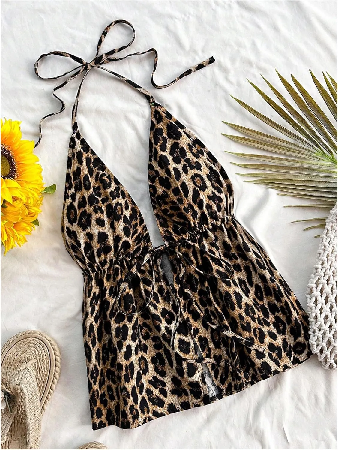 SweatyRocks Women's Y2K Leopard Print Halter Tank Top Backless Tie Knot Ruffle Camisole