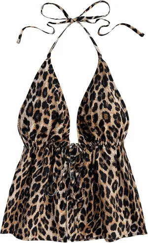 SweatyRocks Women's Y2K Leopard Print Halter Tank Top Backless Tie Knot Ruffle Camisole