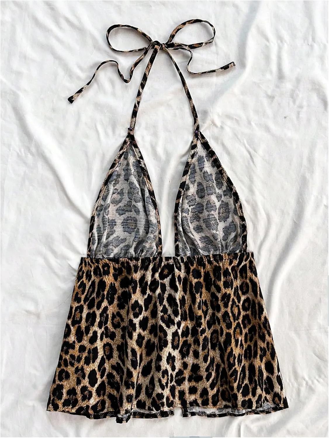 SweatyRocks Women's Y2K Leopard Print Halter Tank Top Backless Tie Knot Ruffle Camisole