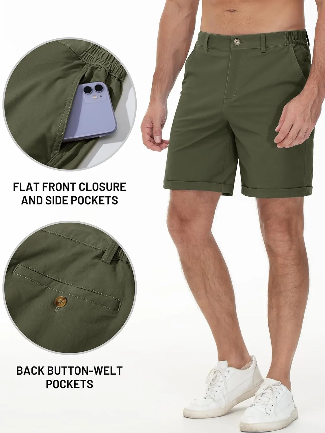 TACVASEN Mens Casual Shorts Classic Fit 7 Stretch Twill Flat Front Chino Shorts with Pockets