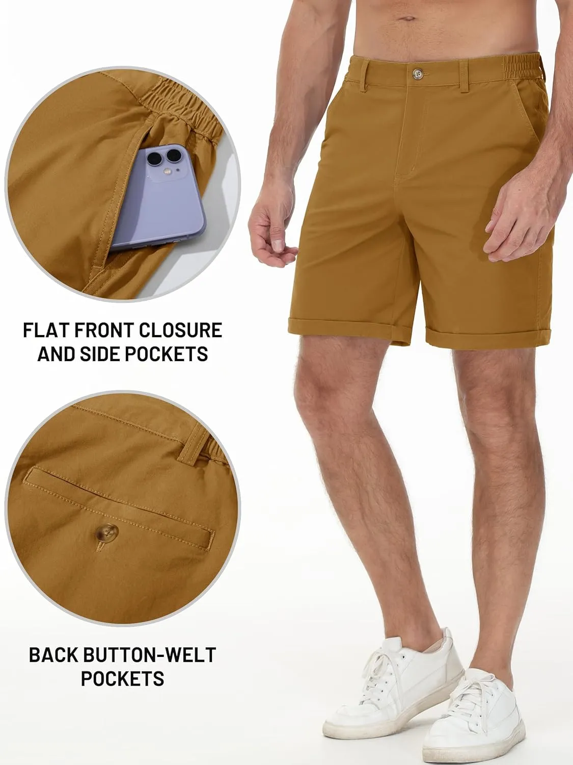 TACVASEN Mens Casual Shorts Classic Fit 7 Stretch Twill Flat Front Chino Shorts with Pockets