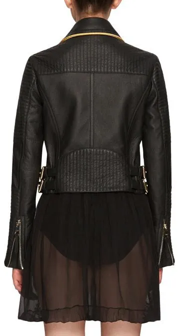 'The Biker' Regimental-Trimmed Genuine Leather Biker Jacket