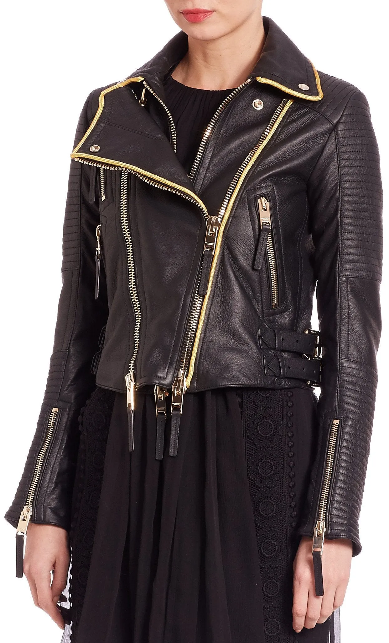 'The Biker' Regimental-Trimmed Genuine Leather Biker Jacket