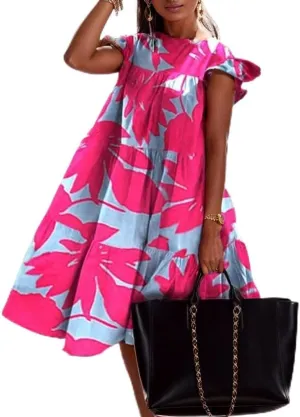 TIAFORD Womens Plus Size Floral Print Midi Dress Summer Casual Crewneck Short Sleeve Loose Flowy Beach Dress 2024