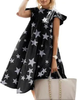 TIAFORD Womens Plus Size Floral Print Midi Dress Summer Casual Crewneck Short Sleeve Loose Flowy Beach Dress 2024