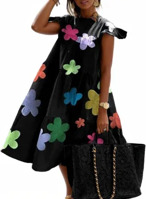 TIAFORD Womens Plus Size Floral Print Midi Dress Summer Casual Crewneck Short Sleeve Loose Flowy Beach Dress 2024