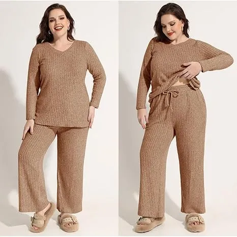 TIYOMI Plus Size Ribbed Pants for Women Drawstring High Waist Wide Leg Lounge Pants Knit Flared Trousers with Pockets XL-5XL