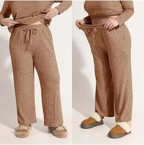 TIYOMI Plus Size Ribbed Pants for Women Drawstring High Waist Wide Leg Lounge Pants Knit Flared Trousers with Pockets XL-5XL