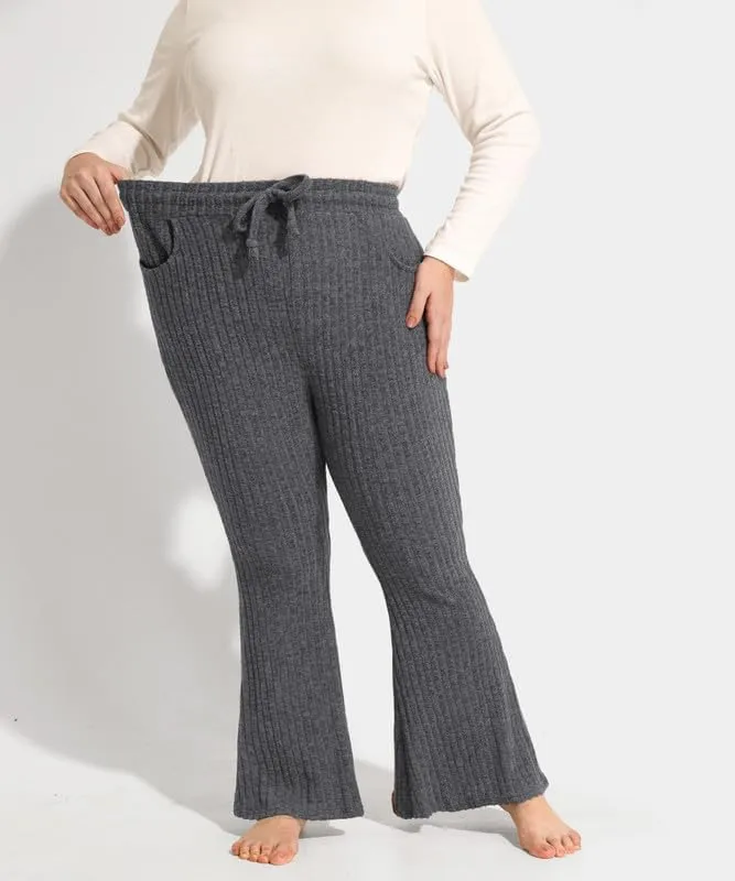 TIYOMI Plus Size Ribbed Pants for Women Drawstring High Waist Wide Leg Lounge Pants Knit Flared Trousers with Pockets XL-5XL