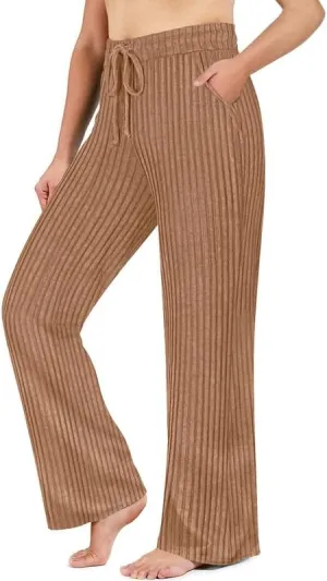TIYOMI Plus Size Ribbed Pants for Women Drawstring High Waist Wide Leg Lounge Pants Knit Flared Trousers with Pockets XL-5XL