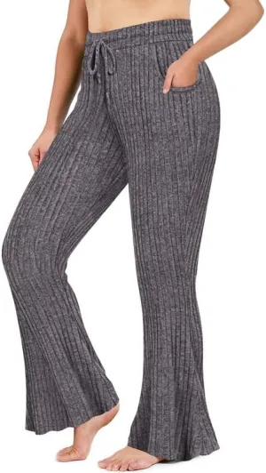 TIYOMI Plus Size Ribbed Pants for Women Drawstring High Waist Wide Leg Lounge Pants Knit Flared Trousers with Pockets XL-5XL