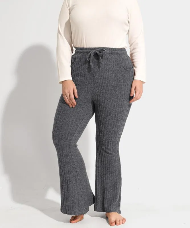 TIYOMI Plus Size Ribbed Pants for Women Drawstring High Waist Wide Leg Lounge Pants Knit Flared Trousers with Pockets XL-5XL