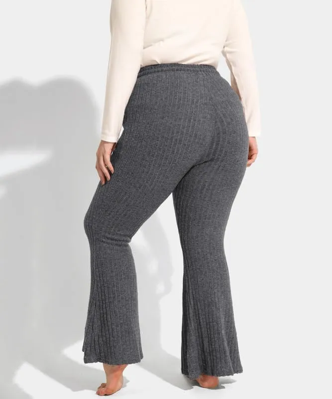 TIYOMI Plus Size Ribbed Pants for Women Drawstring High Waist Wide Leg Lounge Pants Knit Flared Trousers with Pockets XL-5XL