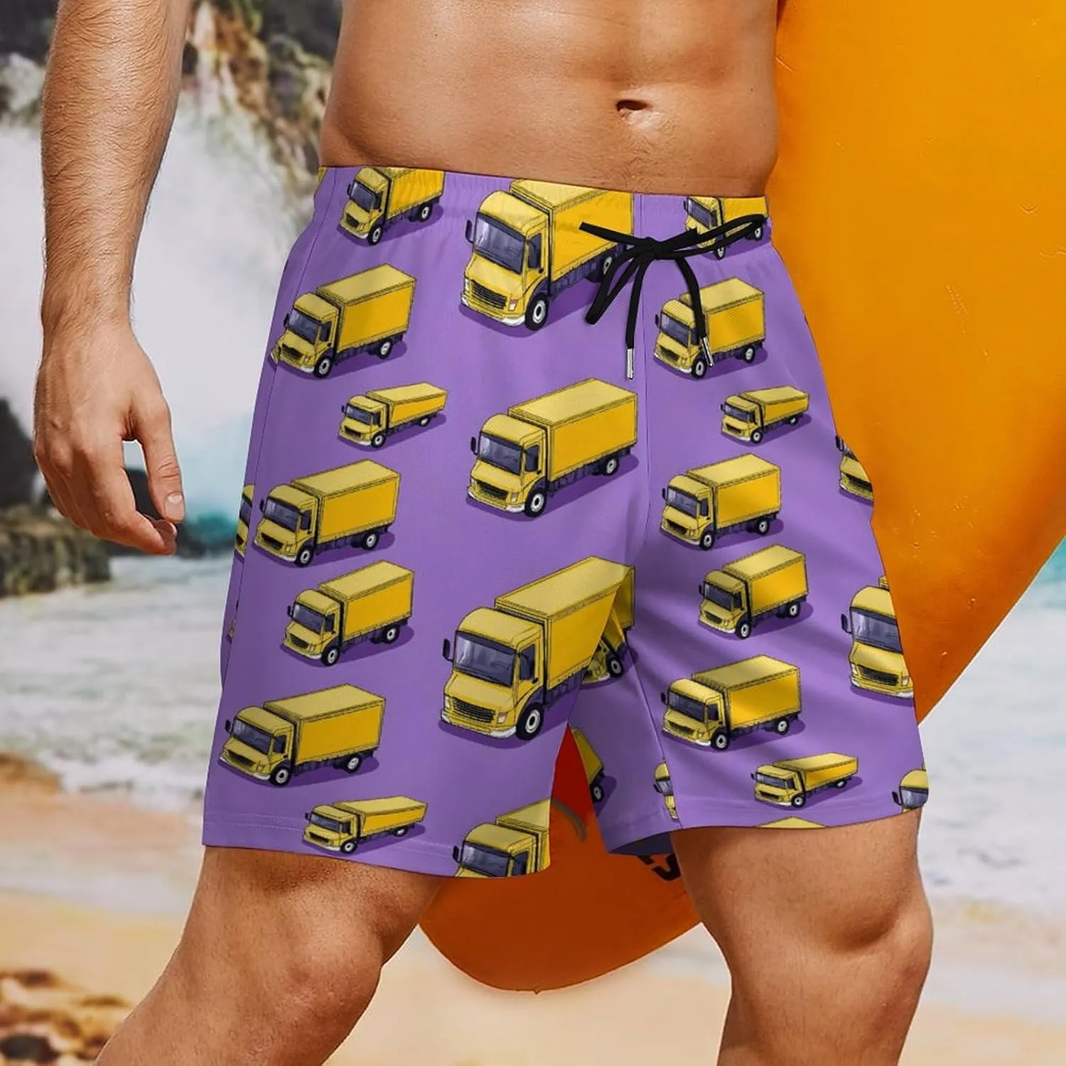 Truck Pattern Casual Beach Shorts for Men Elastic Waist Drawstring Swim Shorts With Compression Liner