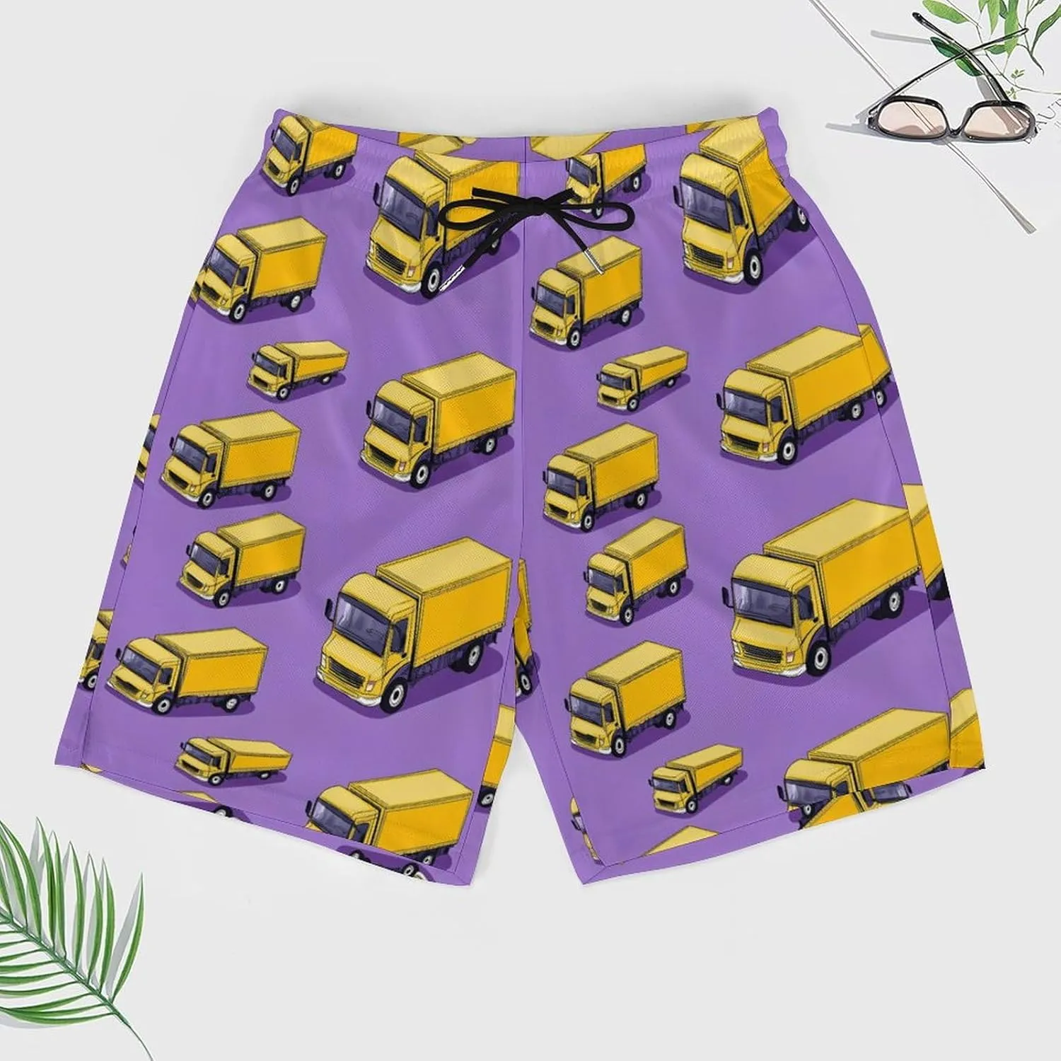 Truck Pattern Casual Beach Shorts for Men Elastic Waist Drawstring Swim Shorts With Compression Liner