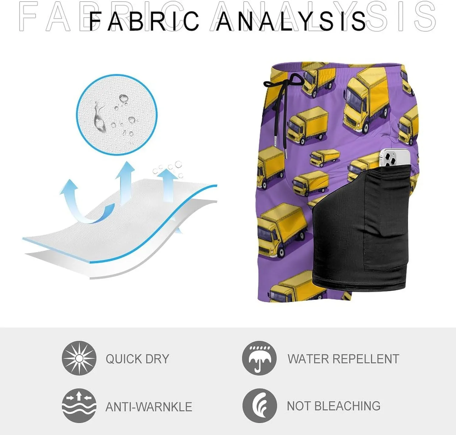 Truck Pattern Casual Beach Shorts for Men Elastic Waist Drawstring Swim Shorts With Compression Liner