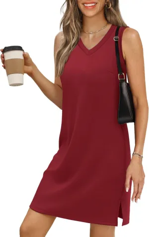 V-Neck Summer Casual Beach Dress for Women 2025 Vacation Women's Sleeveless Sundress with Split Wine 2XL