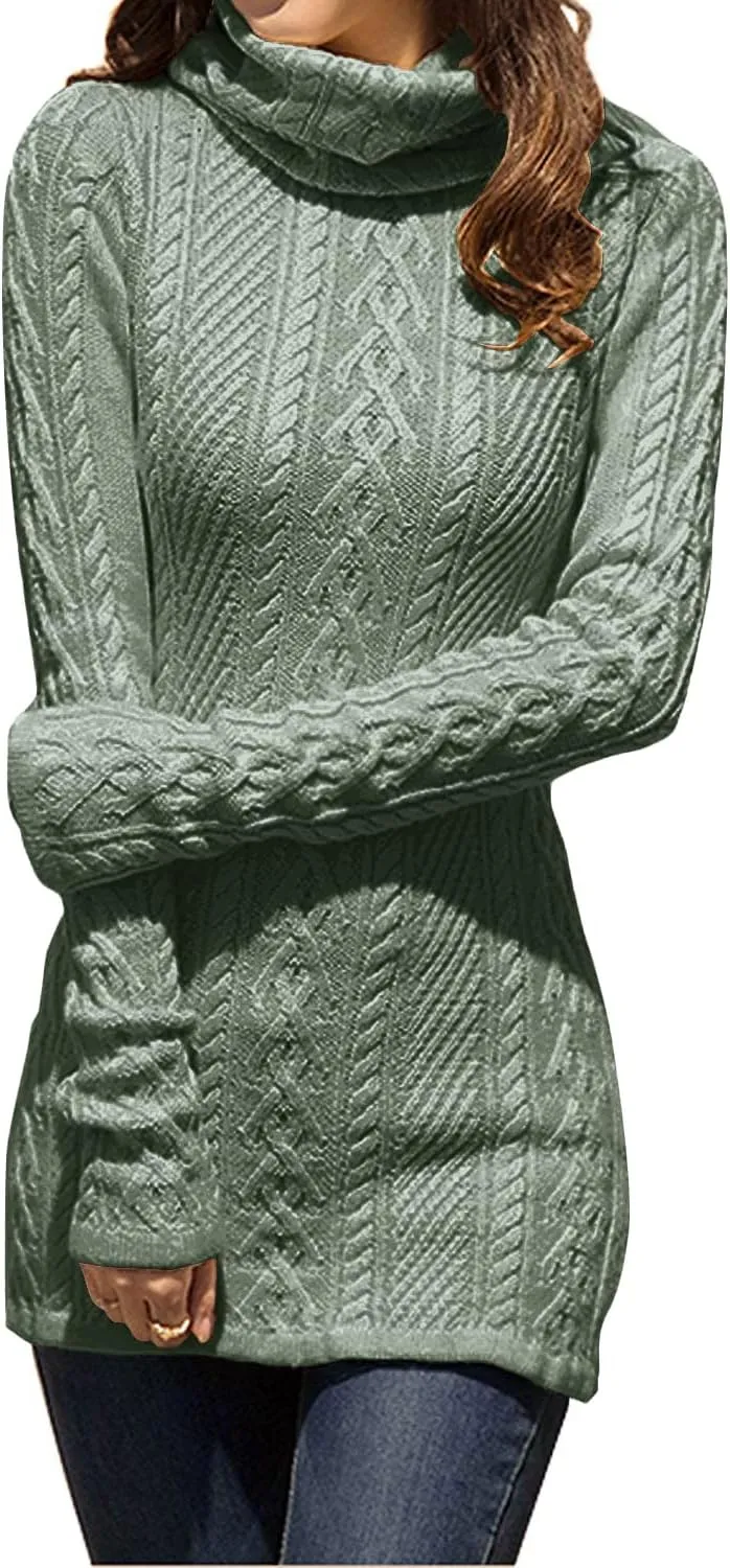 v28 Women Polo Neck Long Slim Fitted Dress Bodycon Turtleneck Cable Knit Sweater