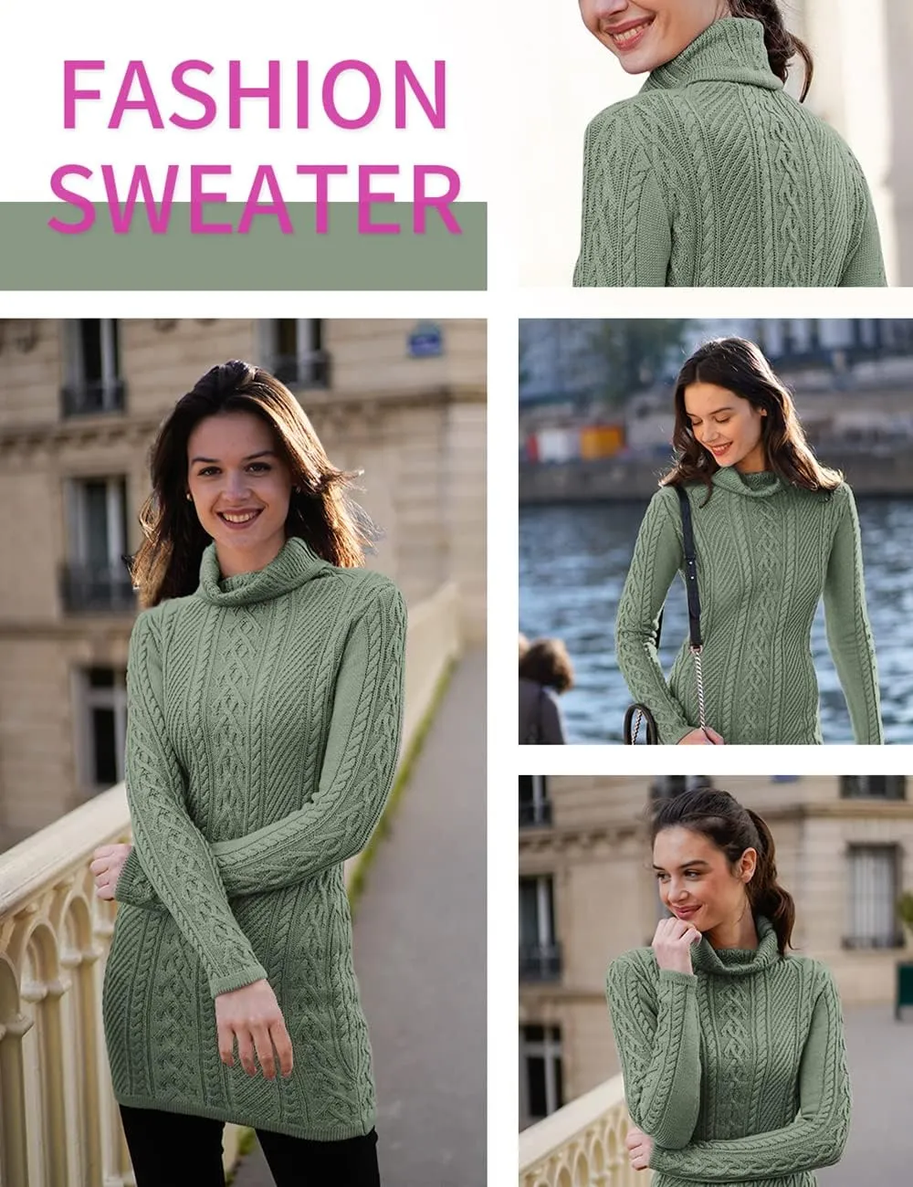 v28 Women Polo Neck Long Slim Fitted Dress Bodycon Turtleneck Cable Knit Sweater