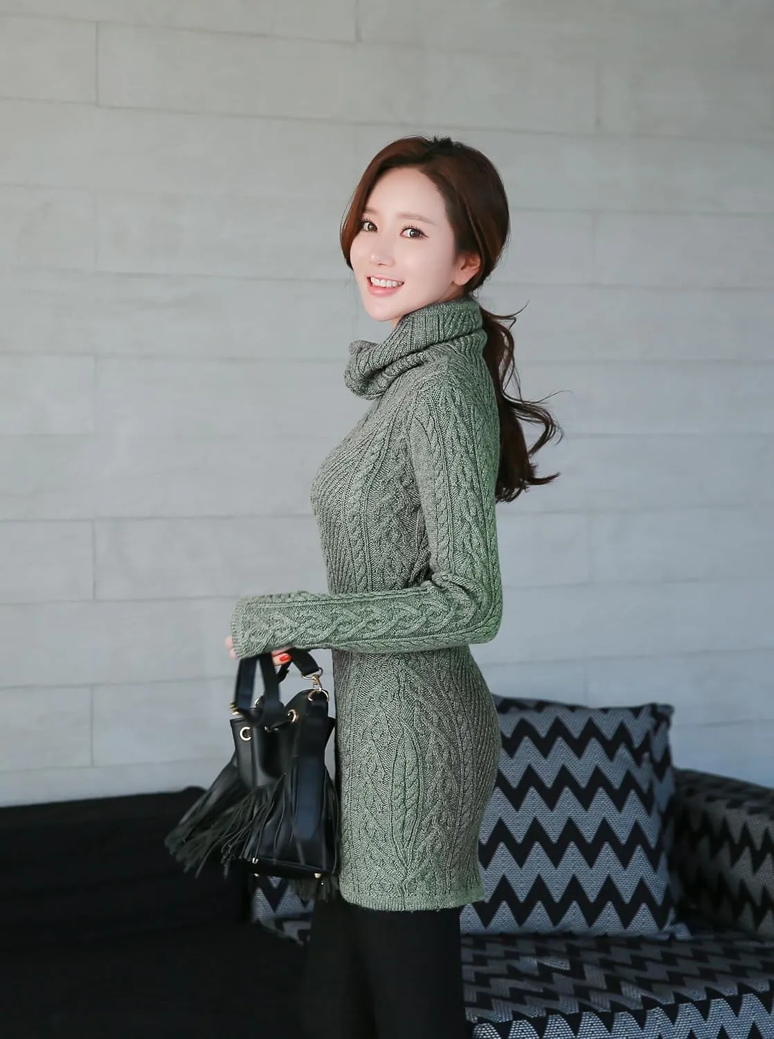 v28 Women Polo Neck Long Slim Fitted Dress Bodycon Turtleneck Cable Knit Sweater