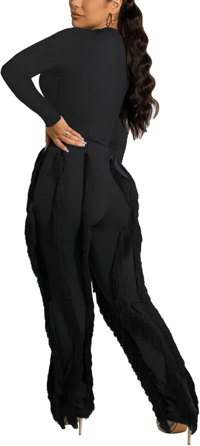 Vakkest Women's 2 Piece Outfits Sleeveless Tanks Top High Waist Fringe Long Pants Casual Tassels Bodycon Yoga Pants