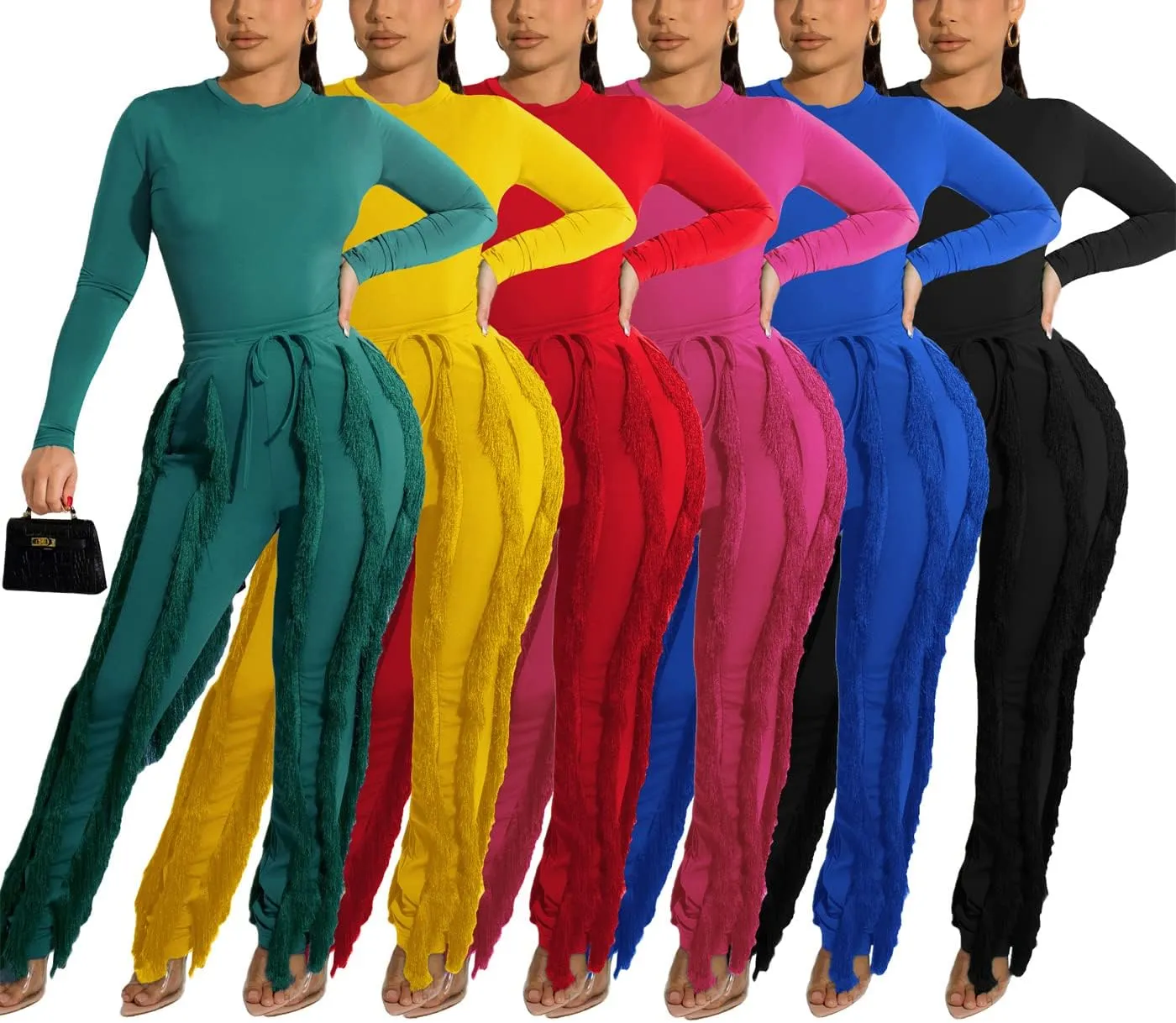 Vakkest Women's 2 Piece Outfits Sleeveless Tanks Top High Waist Fringe Long Pants Casual Tassels Bodycon Yoga Pants