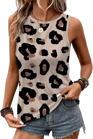 VKEGNIO Leopard Print Tank Top for Women Summer Sleeveless Tops Casual Cute Graphic Tanks Loose Fit Vintage Vacation Shirt