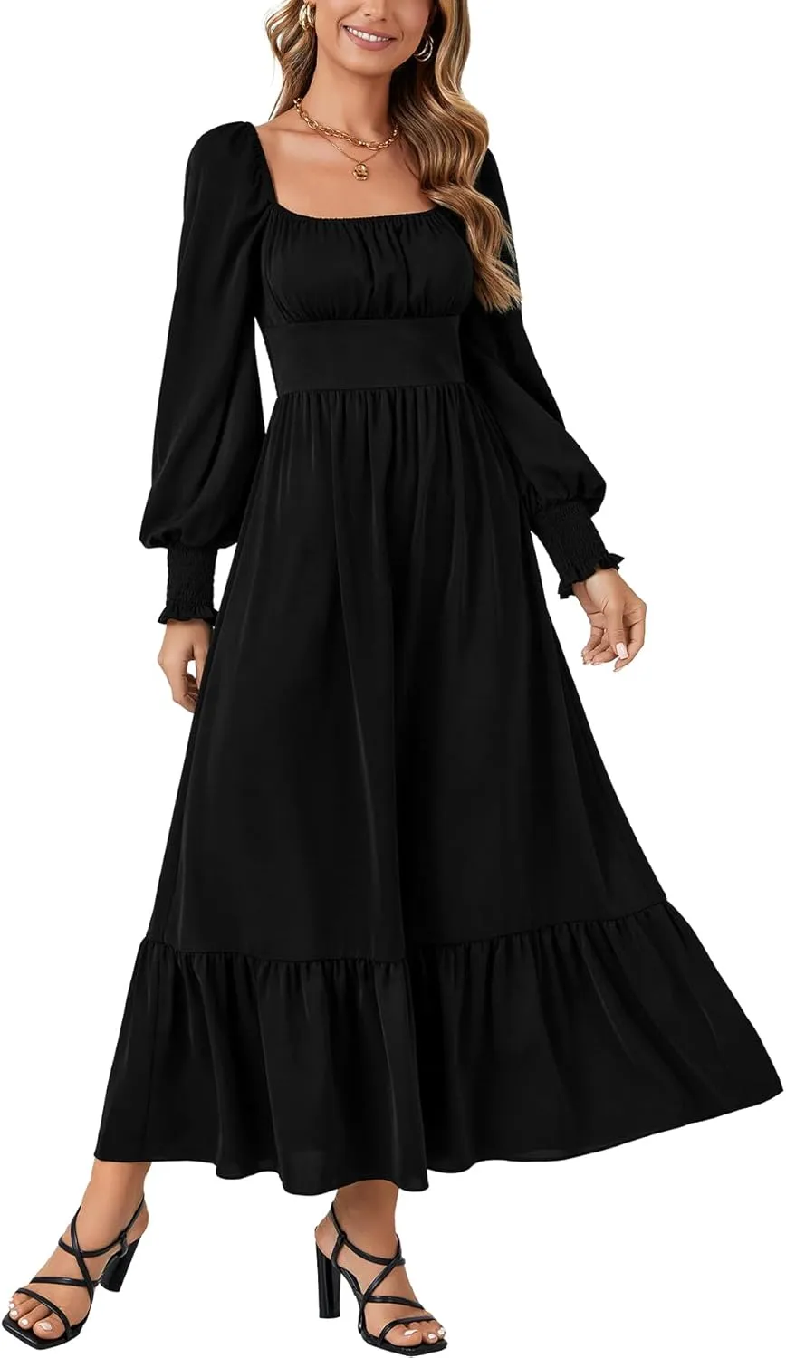 Vrtige Women's 2025 Square Neck Puff Long Sleeve Smocked Back Empire Wasit Flared A Line Maxi Long Dress
