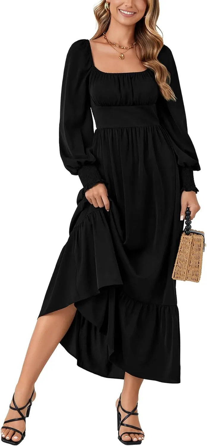 Vrtige Women's 2025 Square Neck Puff Long Sleeve Smocked Back Empire Wasit Flared A Line Maxi Long Dress