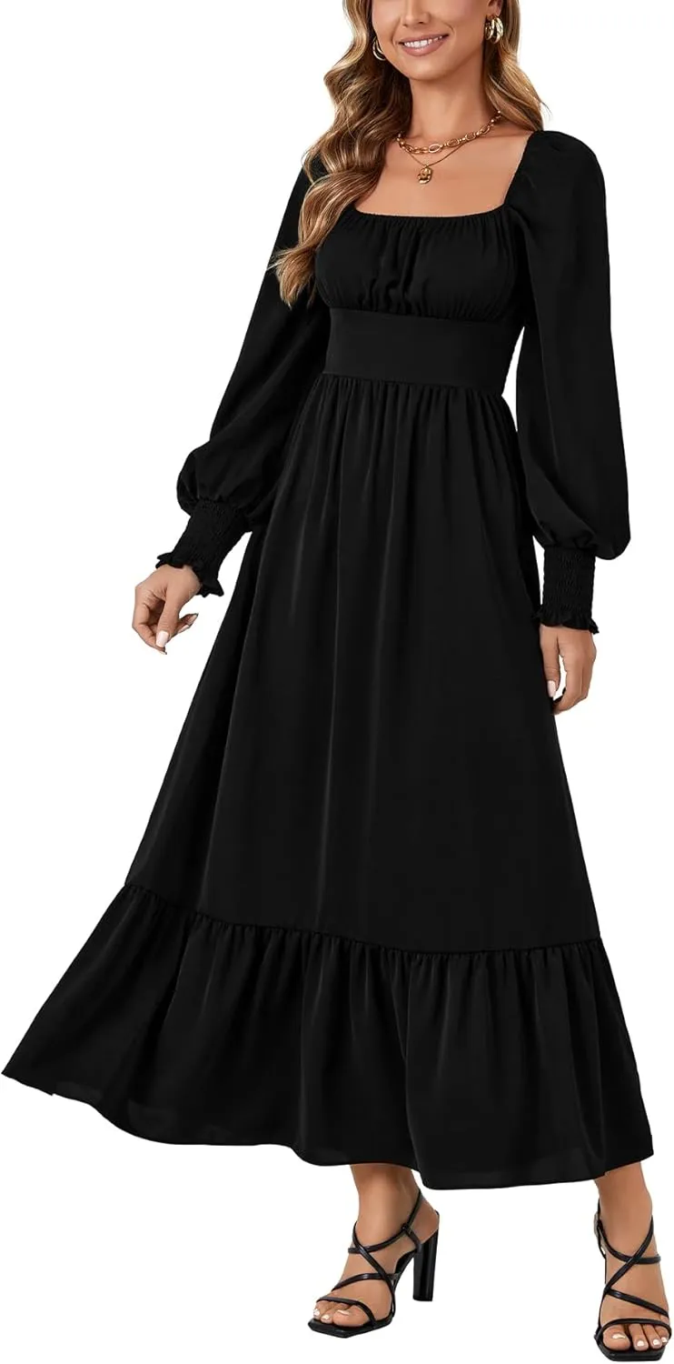 Vrtige Women's 2025 Square Neck Puff Long Sleeve Smocked Back Empire Wasit Flared A Line Maxi Long Dress