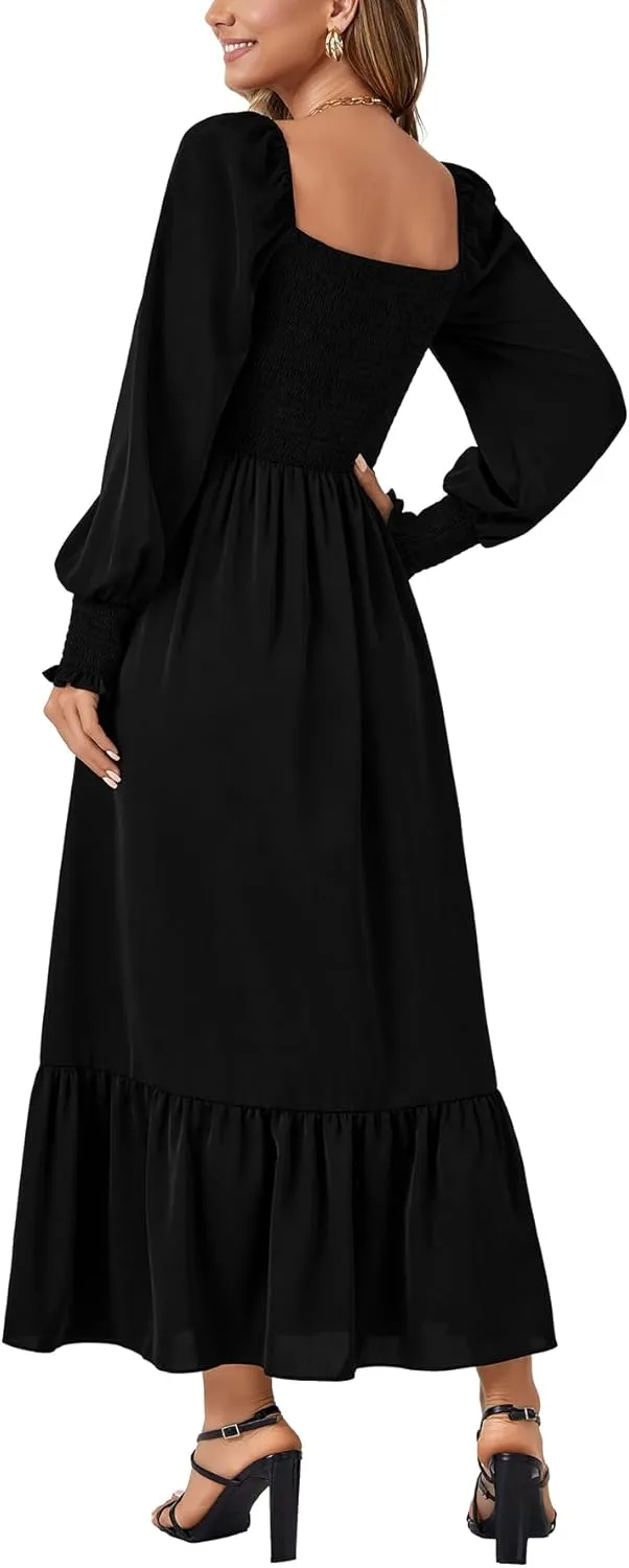 Vrtige Women's 2025 Square Neck Puff Long Sleeve Smocked Back Empire Wasit Flared A Line Maxi Long Dress