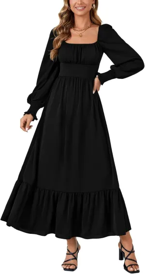 Vrtige Women's 2025 Square Neck Puff Long Sleeve Smocked Back Empire Wasit Flared A Line Maxi Long Dress