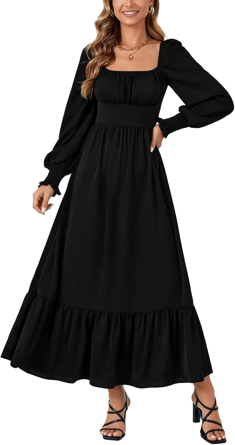 Vrtige Women's 2025 Square Neck Puff Long Sleeve Smocked Back Empire Wasit Flared A Line Maxi Long Dress