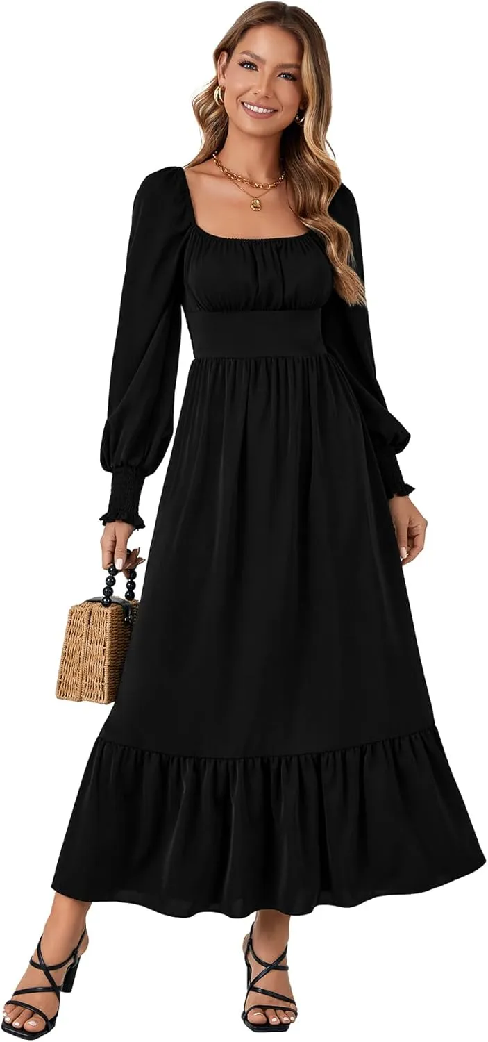 Vrtige Women's 2025 Square Neck Puff Long Sleeve Smocked Back Empire Wasit Flared A Line Maxi Long Dress