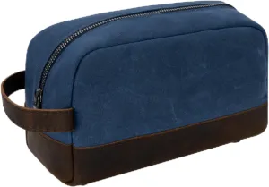 Waxed Canvas and Leather Toiletry Bag, Vintage Style Dopp Kit (Blue)