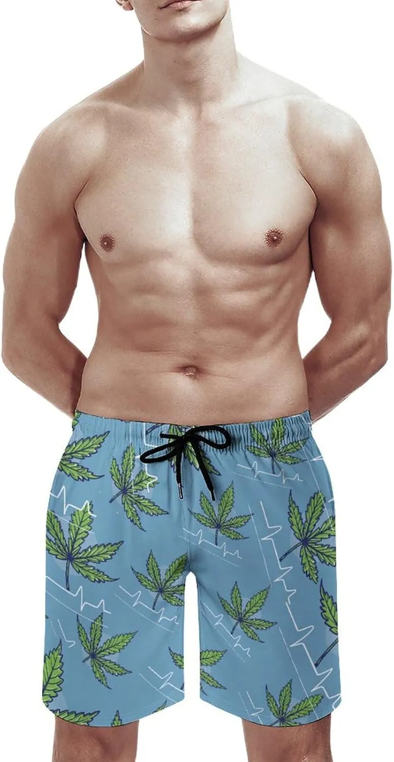 Weed Leaf Heartbeat Men's Swim Trunks Quick Dry Board Shorts Breathable Summer Beach Shorts Bathing Suits
