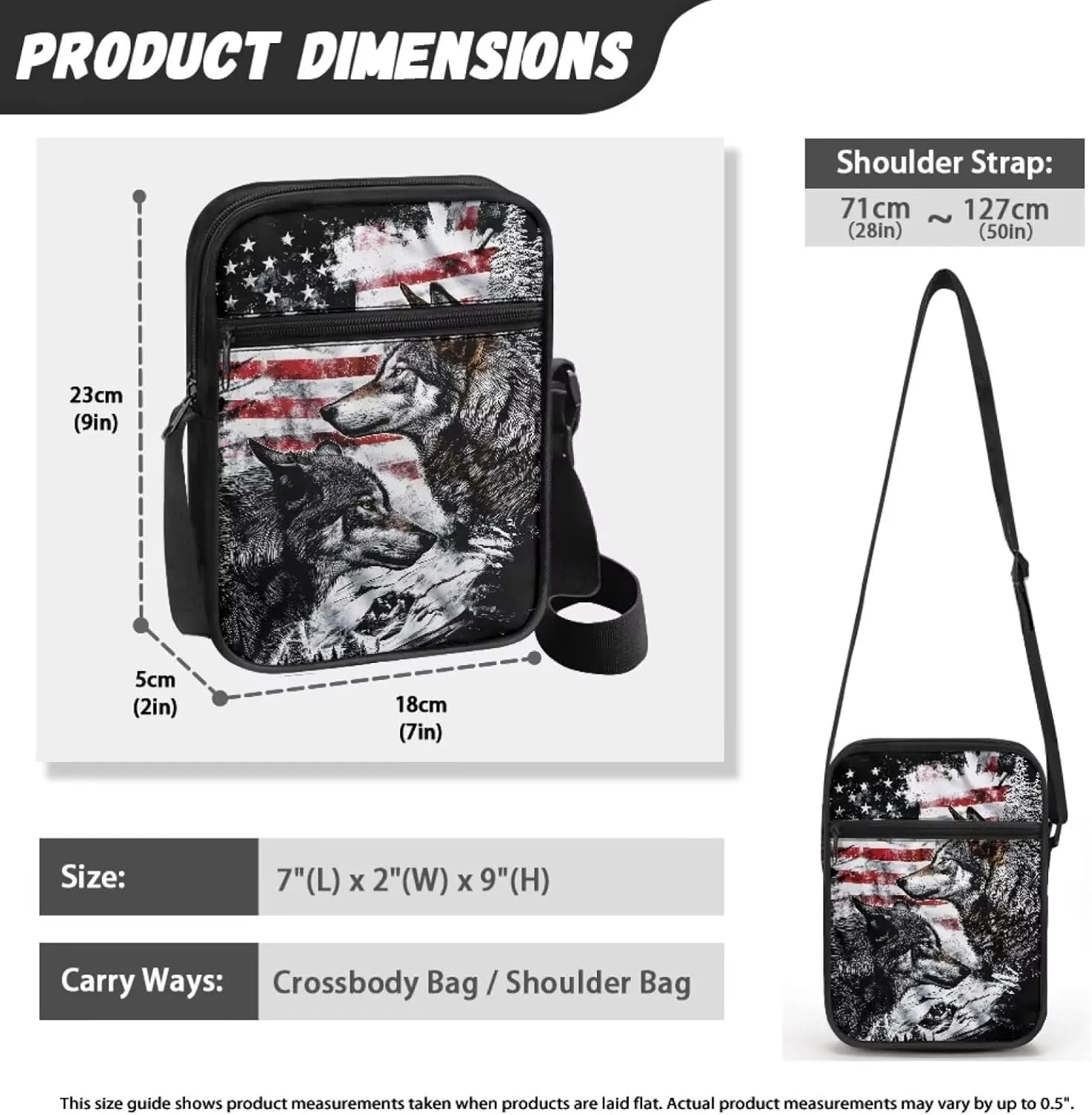 Wolf Pattern Small Crossbody Bags with Zipper, Fashion Messenger Bags Shoulder Bag for Men