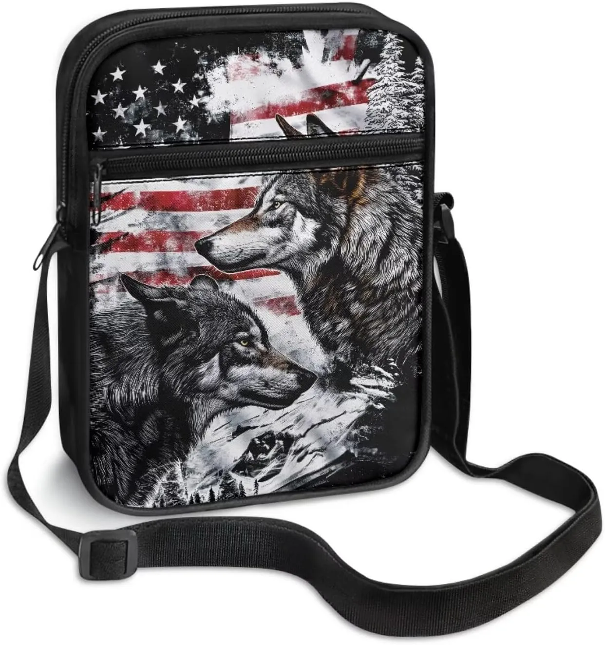 Wolf Pattern Small Crossbody Bags with Zipper, Fashion Messenger Bags Shoulder Bag for Men