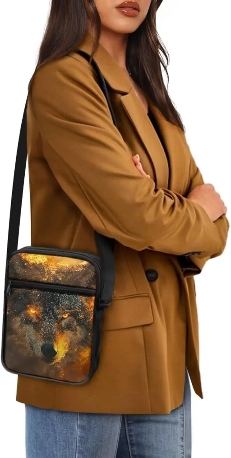 Wolf Pattern Small Crossbody Bags with Zipper, Fashion Messenger Bags Shoulder Bag for Men