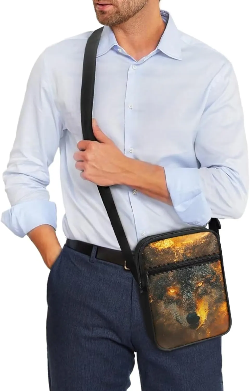 Wolf Pattern Small Crossbody Bags with Zipper, Fashion Messenger Bags Shoulder Bag for Men