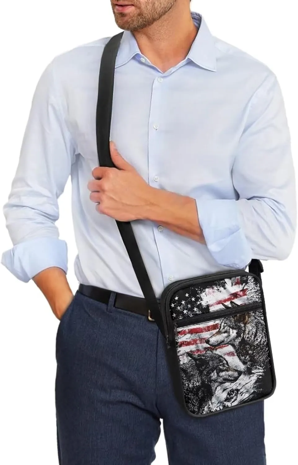 Wolf Pattern Small Crossbody Bags with Zipper, Fashion Messenger Bags Shoulder Bag for Men