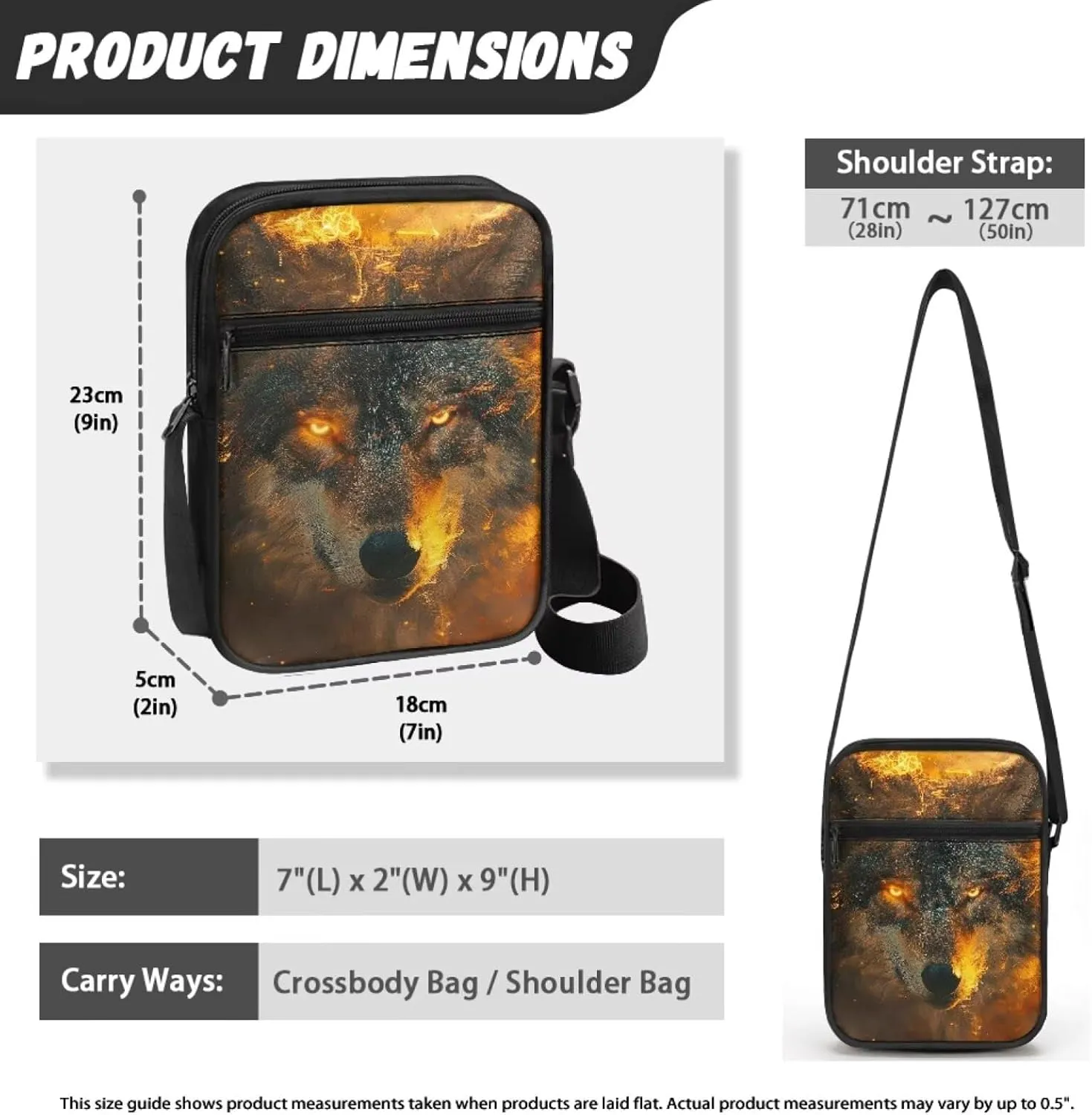 Wolf Pattern Small Crossbody Bags with Zipper, Fashion Messenger Bags Shoulder Bag for Men