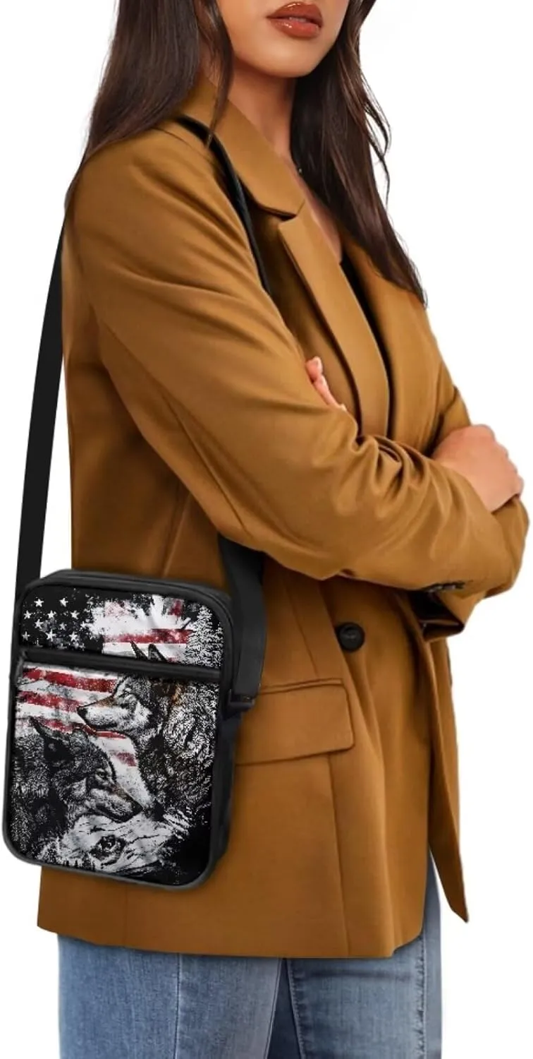 Wolf Pattern Small Crossbody Bags with Zipper, Fashion Messenger Bags Shoulder Bag for Men