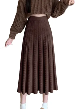 Women Autumn Winter Elegant Solid Color Knit Long Skirt Thick High Waist Skirts A Line Pleated Midi Skirt Ladies
