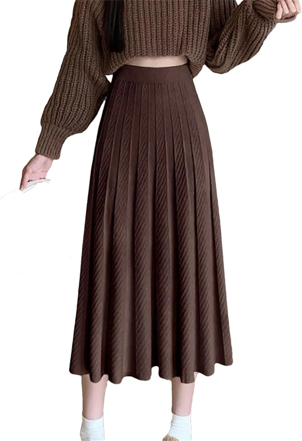 Women Autumn Winter Elegant Solid Color Knit Long Skirt Thick High Waist Skirts A Line Pleated Midi Skirt Ladies