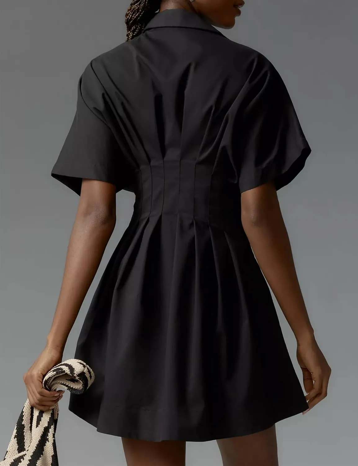 Women Button Down Pleated Shirt Dress Summer Short Sleeve Blouse Striped Print Corset Mini Dresses