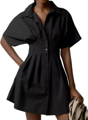 Women Button Down Pleated Shirt Dress Summer Short Sleeve Blouse Striped Print Corset Mini Dresses