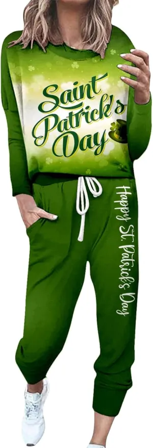Women Casual Autumn and Winter Fashion Printed Round Neck Long Sleeve Pocket Drawstring Elastic Waist Pants Fuzzy