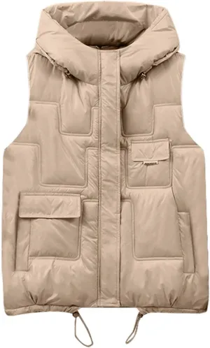 Women Casual Solid Coat Jacket Hooded Vest Zipper Pocket Loose Sleeveless Cotton Padded Coat Monogrammed Vest